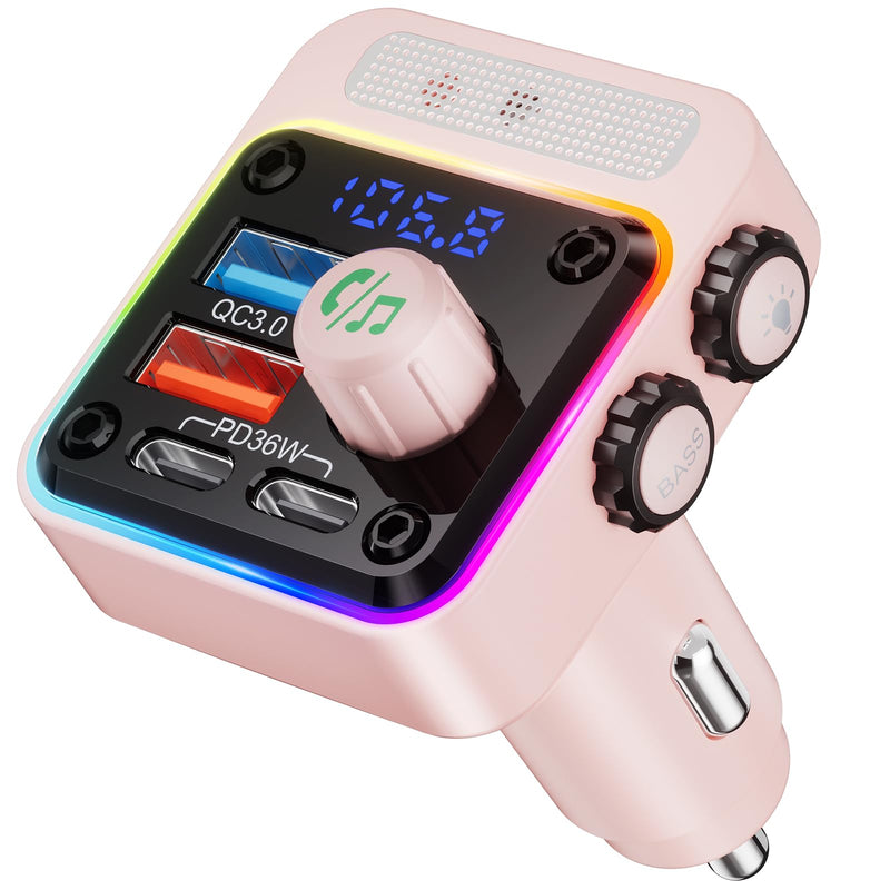 [AUSTRALIA] - Nulaxy 54W Bluetooth 5.3 Car Adapter with 4 Charging Ports [PD 36W & QC3.0 18W], Wireless Radio FM Transmitter with Deep Bass Player & 5 Colors LED Backlit, Hands-Free Calling - Pink 