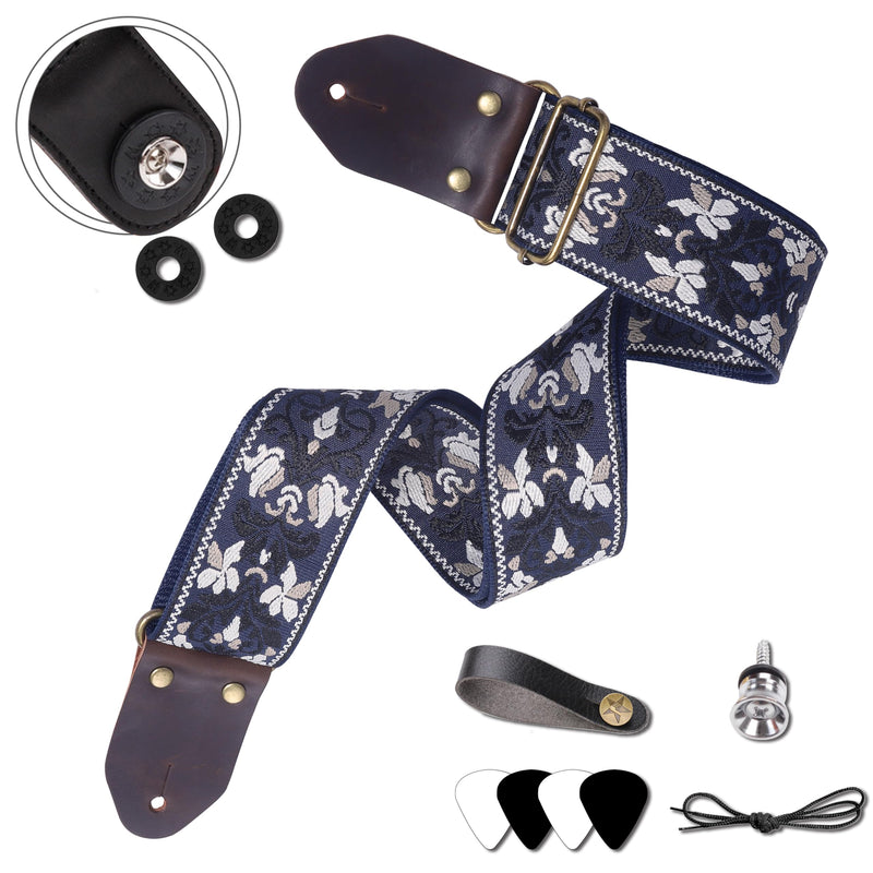 Guitar Strap,Jacquard Embroidery Cotton Guitar Straps with Crazy Horse Leather Ends for Bass, Electric & Acoustic Blue