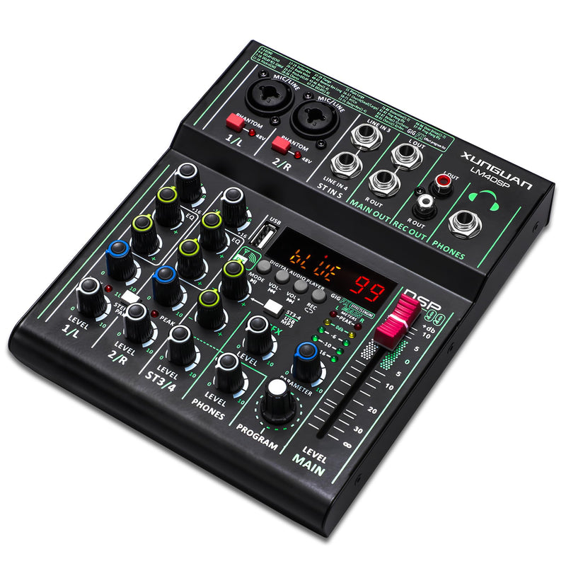 LM4DSP Audio Mixer 4 Channel,99 DSP metal body Sound Board Mixing Console with USB Bluetooth Echo Delay Effect,48V Power for Professional for Recording,Live Streaming,Podcasting DJ Music Application LM4DSP