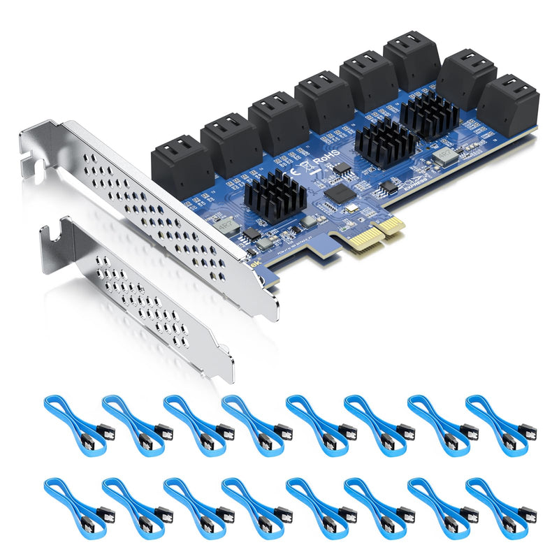 16 Port PCIe SATA Card, SATA3.0 Expansion Card, X1, with 16 SATA cable, Support SSD and HDD 16-Port, PCI-e X1