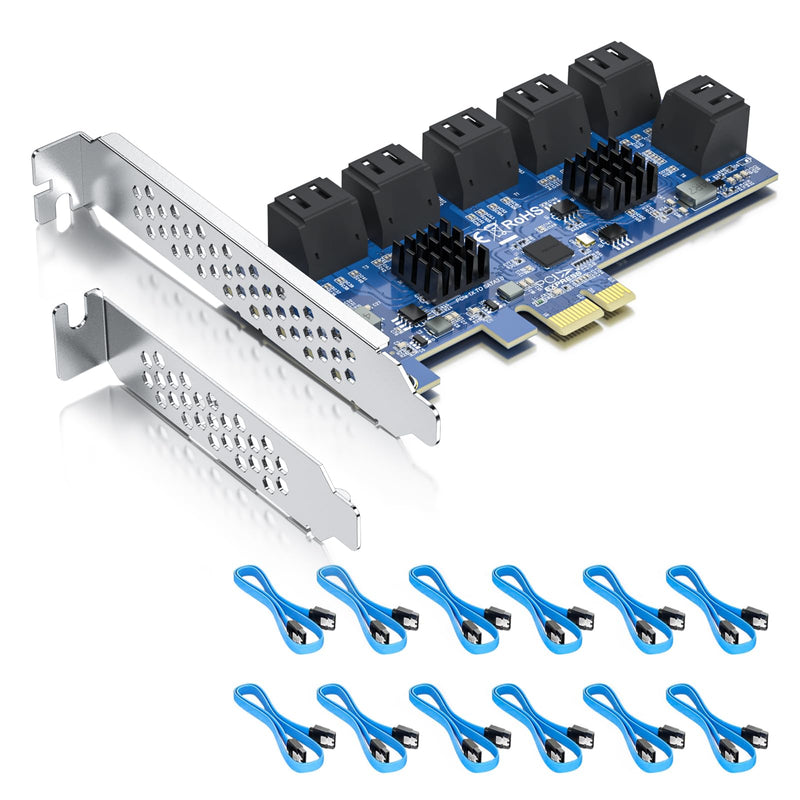 12 Port PCIe SATA Card, SATA3.0 Expansion Card, X1, with 12 SATA cable, Support SSD and HDD 12-Port, PCI-e X1