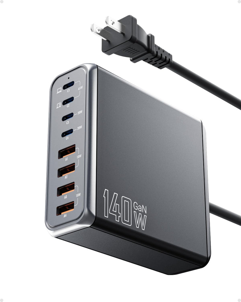 140W USB C Charger 8 Port GaN Charger, Portable Fast USB C Charging Station 65W Laptop Adapter for MacBook Pro/air ipad iPhone 15/Pro Galaxy etc, Travel Essentials (Black) Black