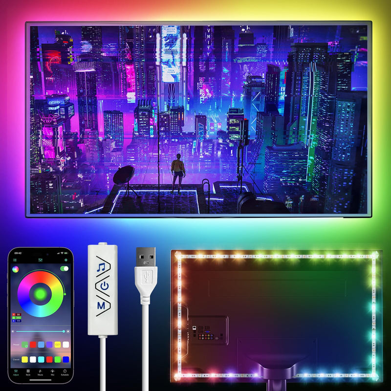 HOUHUI LED Strip Lights, 13.12Ft RGB LED Lights for 32-65 Inch TV Behind, Music Sync App Control LED Strip for TV Backlight, USB Plug-in Bias LED Lights for Bedroom Monitor PC Game Cabinet Desk Shelf