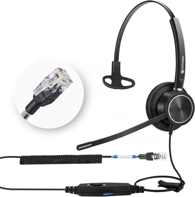 Arama Yealink Headset with Microphone Noise Cancelling, RJ9 Telephone Headsets for Office Phones Compatible with Yealink T20P T21P T26P T23G T46G T48G T42S T46S Avaya 1608 9608 9611 Grandstream Phones A810Y-Monaural