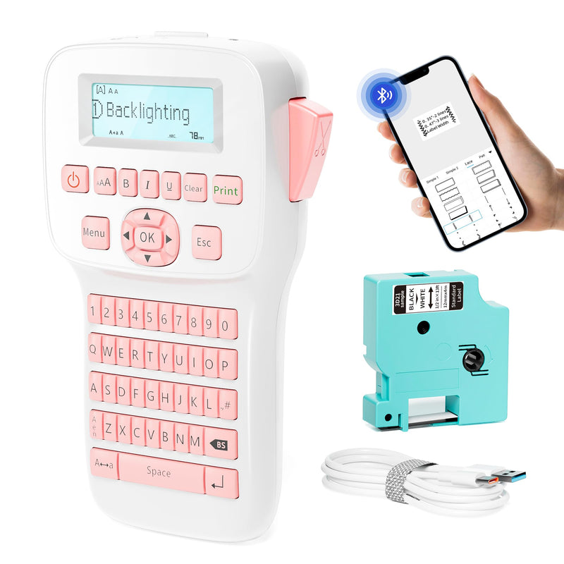 [AUSTRALIA] - Rechargeable Label Maker, Pink Label Maker with Keyboard, Handheld Label Maker Machine with Bluetooth Backlit Large Display LM1600, Portable Labeler for Home & Office Organization School 