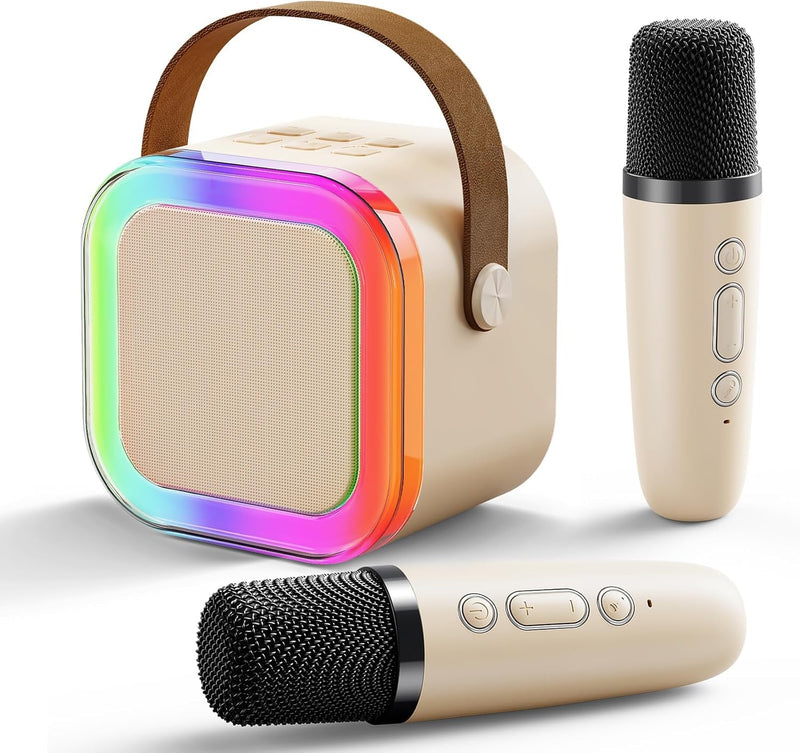 Mini Karaoke Machine for Kids Adults, Portable Bluetooth Karaoke Speaker with 2 Wireless Microphones for Girls Boys 3-11,12+ Years Old, Gifts for Family Home Birthday Party off-white