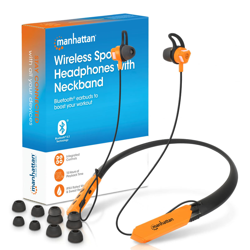 Manhattan Bluetooth 5.2 Neckband Earbuds, 15-Hour Battery, IPX4 Mic | Wireless sport headset with 30 ft range, mic controls, noise-isolating fit, sweat-resistant housing, USB-C charging | 179829 Black/Orange