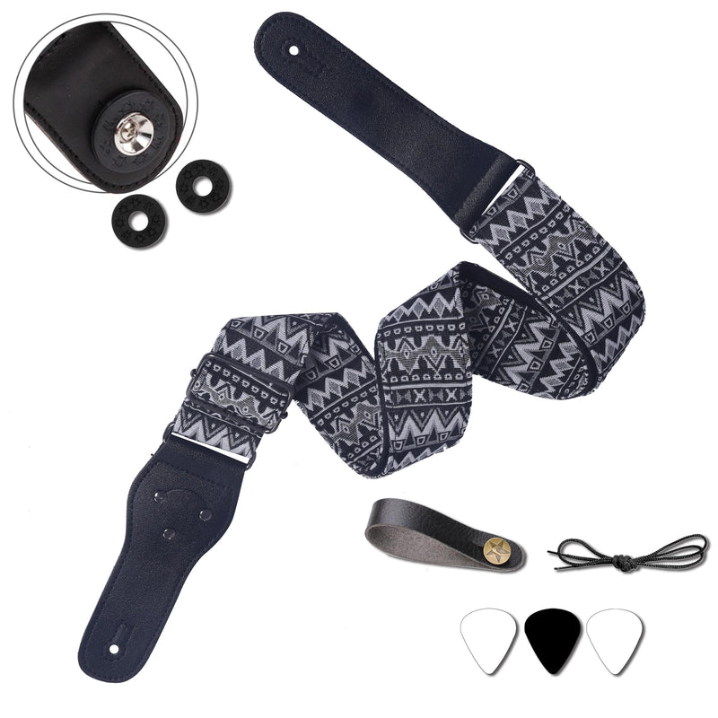 Guitar Strap,Vintage Woven Cotton Guitar Straps With Genuine Leather Ends for Bass,Electric & Acoustic Guitars Includes Strap Button,Strap Locks And Guitar Picks