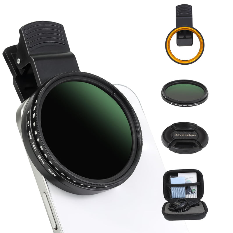 [AUSTRALIA] - 52MM Variable ND2-ND400 Filter, Ultra Slim Multi-Coated Adjustable Neutral Density Filter, Clip-on Phone Lens ND Filter Kit, Compatible for iPhone 15 14 13 12 11, Google Pixel and Other Smart Phones 