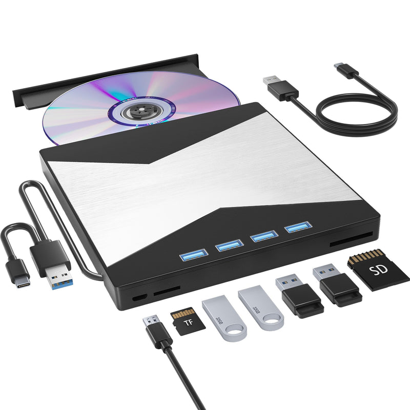 [AUSTRALIA] - Wbacon External CD/DVD Drive for Laptop, DVD Player for Laptop, 8 in 1 Ultra-Slim CD Burner with 4 USB Ports and 2 TF/SD Card Slots, External Disk Drive Optical Compatible with Desktop Mac Windows 