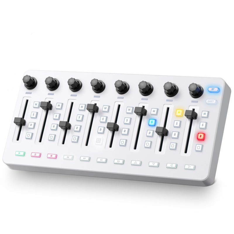 Vangoa Wireless Midi Controller Mixer Mute, Portable USB Midi Keyboard controlador Mixing Console 43 Backlit Button, 8 Channel Faders with LED indicator, 8 Assignable Endless Knobs for Daw, Mac, PC White Midi Mixer