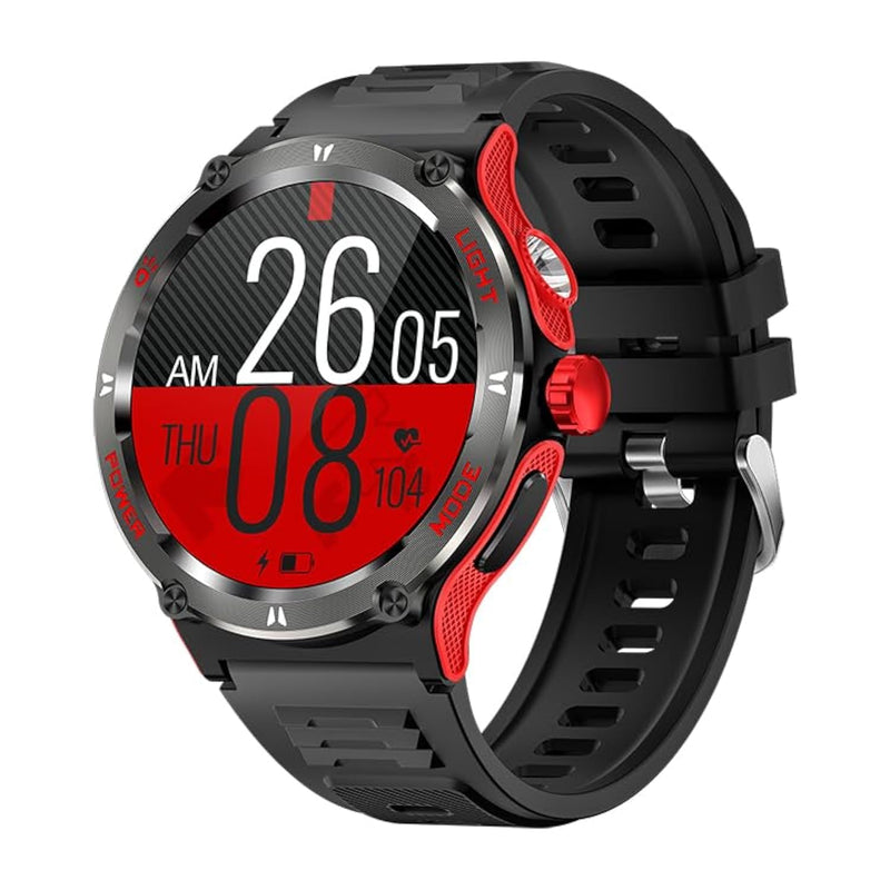 KT76 Outdoor Sport Smart Watch 1.53-inch HD Touch Screen 3ATM Waterproof Multifunction Smartwatch Ultra Powerful Flashlight Compass Heart & Health Monitoring Voice Assistant (Red) Red