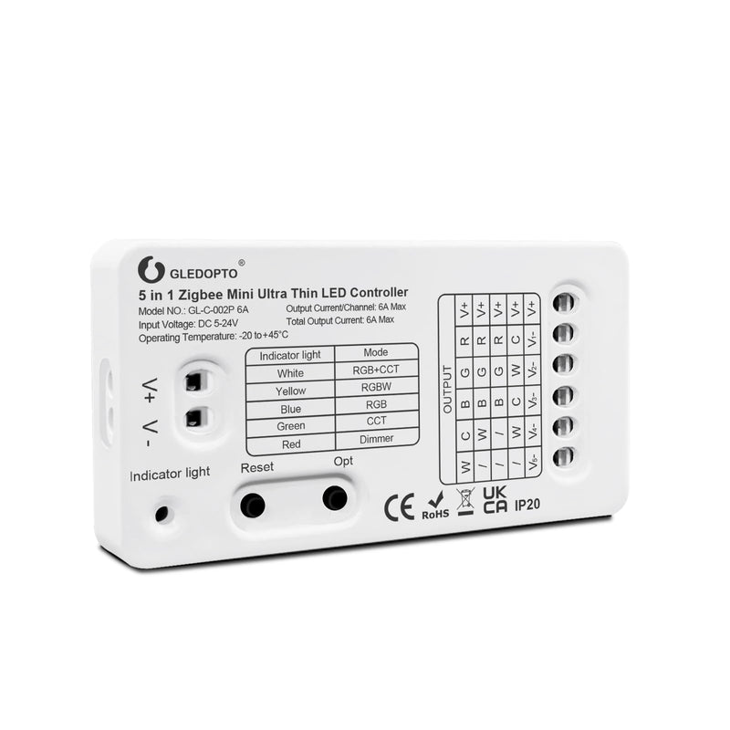GLEDOPTO ZigBee 3.0 DC5-24V Mini 5 in 1 RGBCCT RGBW RGB CCT Dimmer LED Strip Light Control 6A Max for PWM Dimming LED Strip Compatible with Homey Conbee Tuya Smart Life App Control (Hub Required)