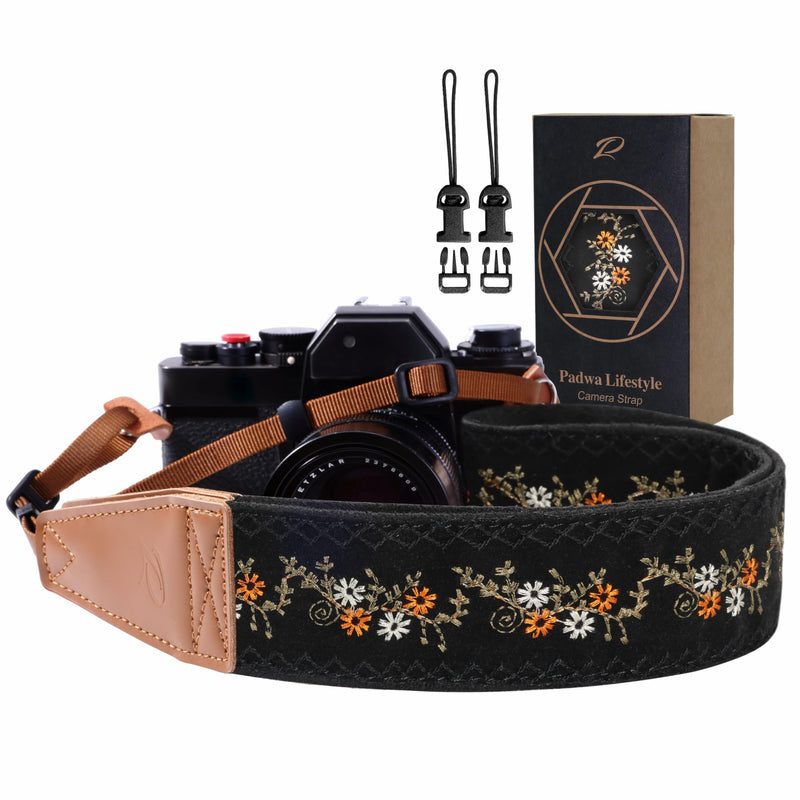 Padwa Lifestyle Camera Strap - 2" Full Grain Leather Ends Camera Straps for Photographers, Vintage Embroidered Cotton Weave Soft Suede Fabric Padded Strap Quick Release fits All Cameras Mustard Flowers 2 inch Wide / Adjustable 41~56 inch
