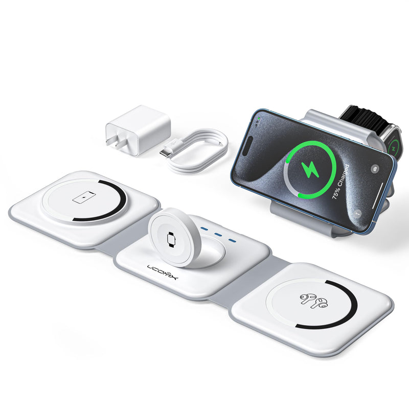 [AUSTRALIA] - UCOMX 3 in 1 Charging Station for Multple Devices,Foldable 3 in 1 Wireless Charger for Travel,Nano Wireless Charging Station for iPhone16 15 14 13 12 Pro Max/Watch 10 9 8 7 6 5 4 3 Ultra/AirPod Pro White 