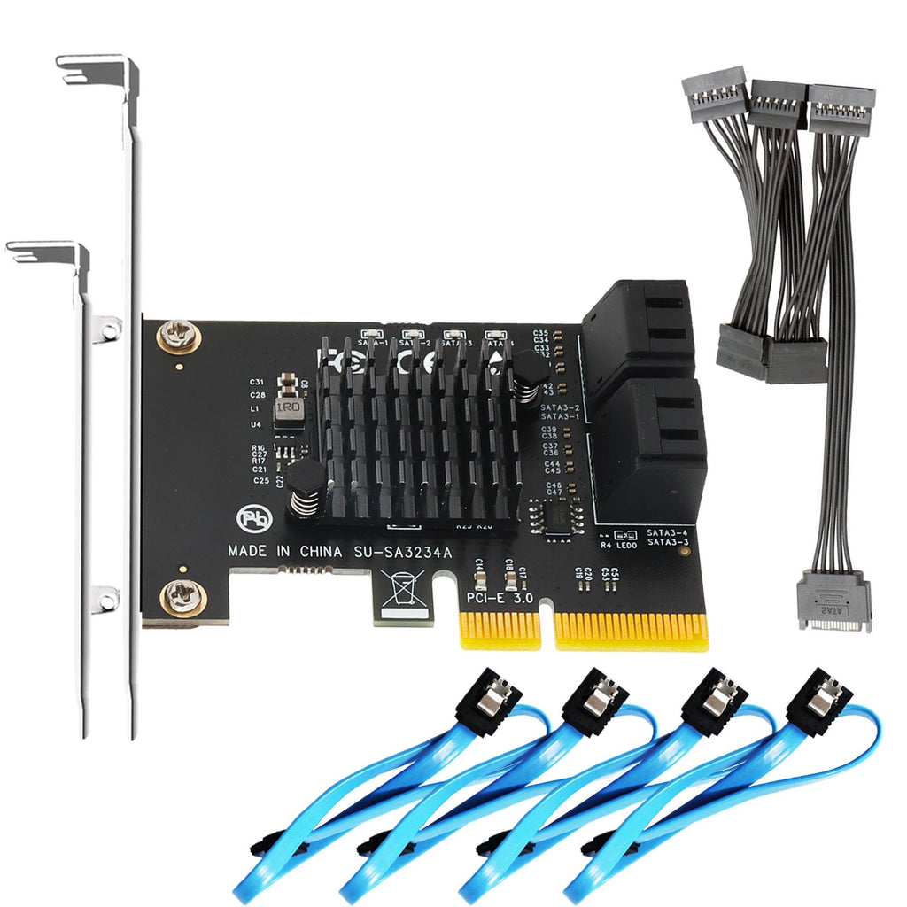 GLOTRENDS SA3234A 4-ports PCIe X2 SATA 3.0 Expansion Card, Support OS Booting, Including SATA Cables and 1:5 SATA Splitter Power Cable, Compatible with Windows, Linux, Mac OS, NAS 4-Port, X2