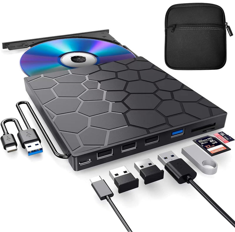 BPAKDU External CD/DVD Drive for Laptop, DVD Player for Laptop with Carrying Case, 8 in 1 USB 3.0 Ultra-Slim Portable, CD Burner External Optical Compatible with Desktop Mac,Windows 11/10/8/7