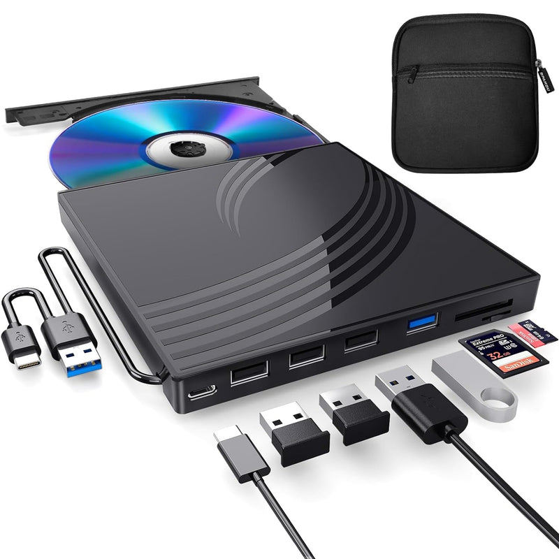 [AUSTRALIA] - BPAKDU External CD/DVD Drive for Laptop with Carrying Case,DVD Player for Laptop,Portable CD Burner with 4 USB Ports, 2 TF/SD Card Slots,CD Disk Drive Player Reader Write Black 