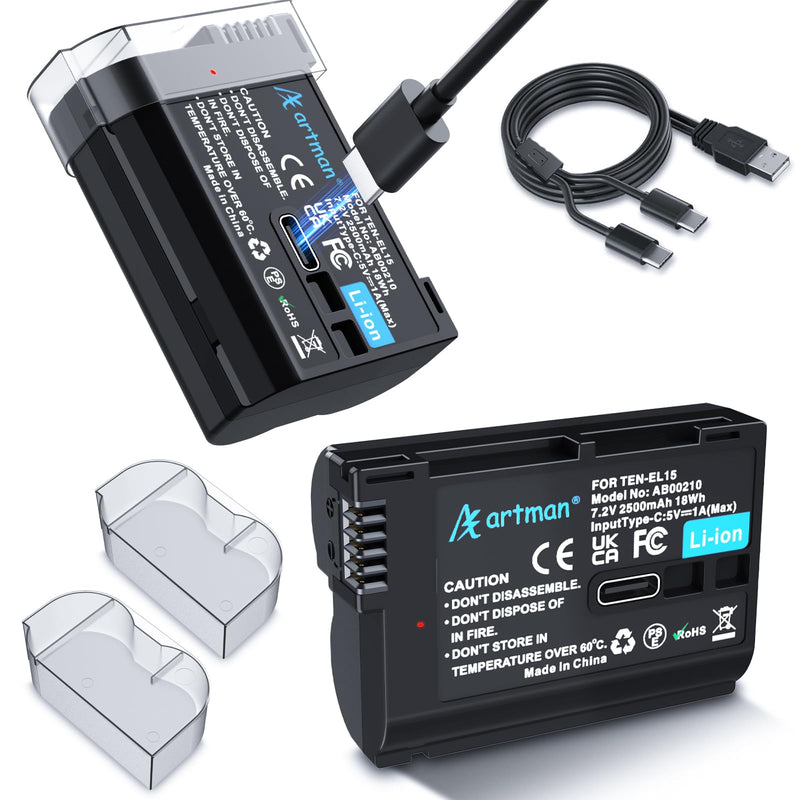 [AUSTRALIA] - Artman 2-Pack EN-EL15c Battery 2500mAh with USB-C Two-Ended Charging Cable for Nikon Zf Z5 Z6 Z6 II Z7 Z7II Z8 D7000 D7100 D7200 D7500 D500 D600 D610 D750 D780 D800 D850 D800E D810 D810A 1V1 Cameras 
