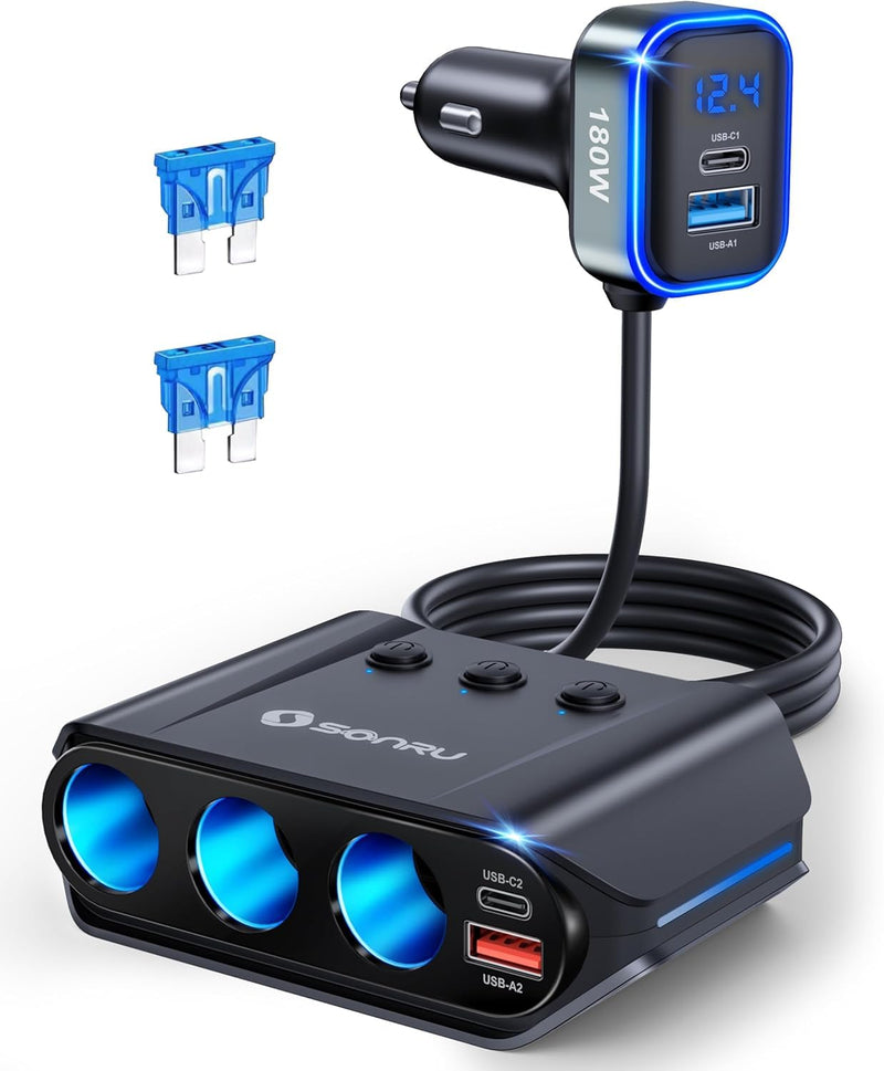 [AUSTRALIA] - 7 in 1 Cigarette Lighter Splitter, SONRU 180W (max 192W) 3-Socket Car Cigarette Lighter Adapter with Dual PD 36W/QC3.0 Fast Charging (3.7FT Cable) 12V/24V Independent Switches & LED Voltage Display BLACK 