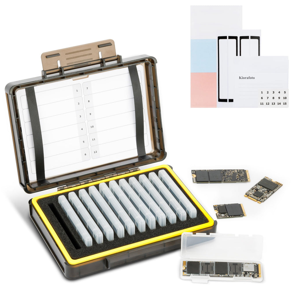 Dual Protect Hard M.2 SSD Holder with 12 PCS Individual Clear M.2 NVMe Case for M.2 2280 2260 2242 2230 SSDs Storage, Water-Resistant & Shockproof M.2 2280 SSD Card Case with Label & Notepaper for 12PCS SSDs（with Hard Case）