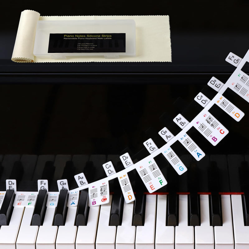 61 Keyboard Notes Guide with Black Keys Semitones,Non-Sticky Electric Piano Stickers with Dust Cover and Box,Easter Basket Stuffers-Color Double Spines 61-color