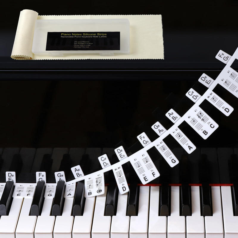 Piano Keyboard Stickers 61 Key, Piano Key Stickers, Electric Digital Piano Notes Labels for Beginner, Made of Reusable Silicone Comes with Keyboard Dust Cover Cloth and Box Black
