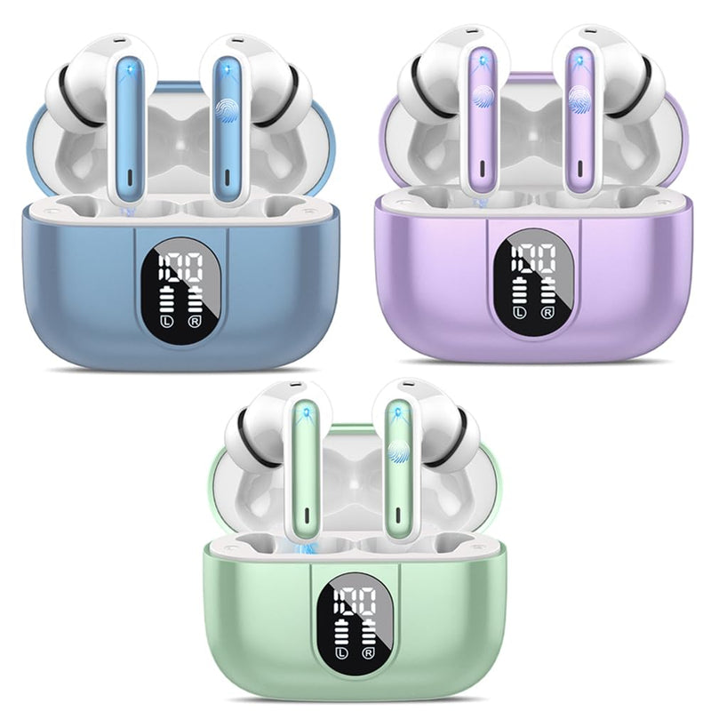 3 Sets Wireless Earbuds, Bluetooth Headphones HiFi Stereo, 40H Playtime in-Ear Earbud, 2024 Bluetooth 5.3 Earbuds with LED Power Display, IP7 Waterproof Wireless Earphones Sport Purple+Blue+Green