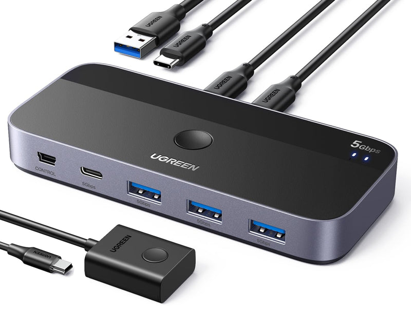 UGREEN USB Switch A & C Input for Computers - Share 4 Ports, Switcher Selector for PC, Laptop, Keyboard, Mouse, Webcam, Microphone - Adapter With 2 USB-C Data Cables and Remote