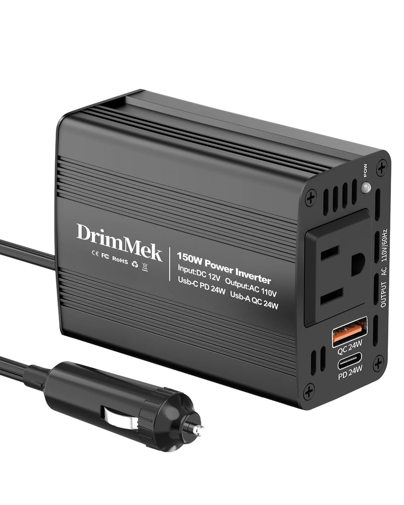 150W Car Power Inverter DC 12V to 110V AC Car Plug Adapter Outlet with Fast Charger 24W USB-C/24W USB-A, for Laptop Car Charger