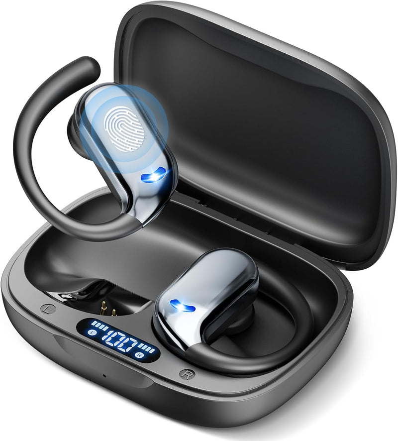 [AUSTRALIA] - Wireless Earbuds Bluetooth Headphones 80hrs Playback Ear Buds Power Display with Noise Canceling Mic with Earhooks for Sports/Workout/Running, Black 