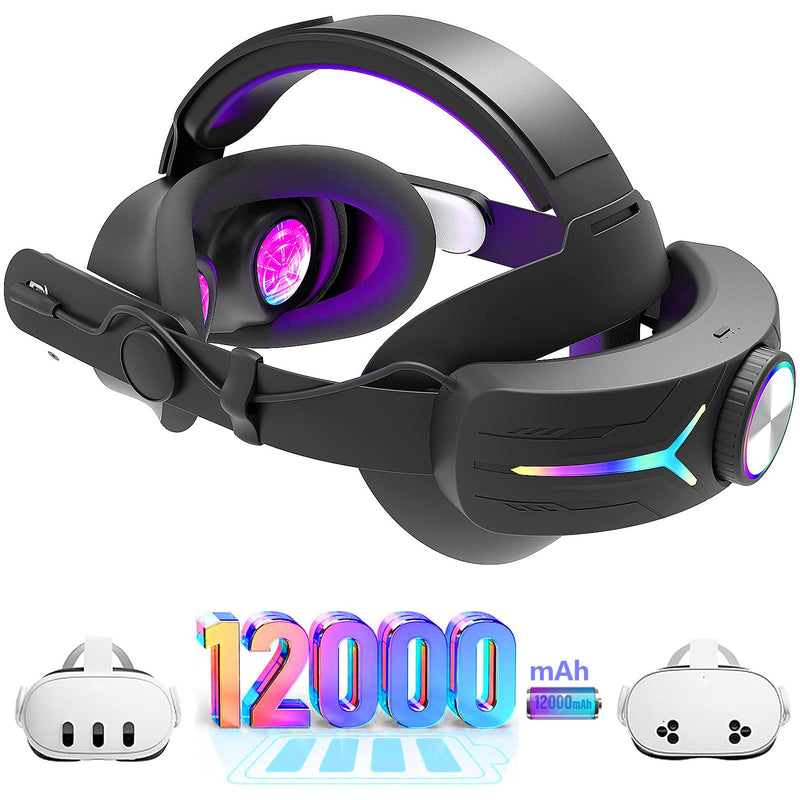 RGB Light Head Strap with 12000mAh Battery for Meta Quest 3/3s_Black | 18W Quick Charge for Extended 4-6 Playtime Comfortable Fit – Elite Replacement Strap with Balanced Weight Black-1