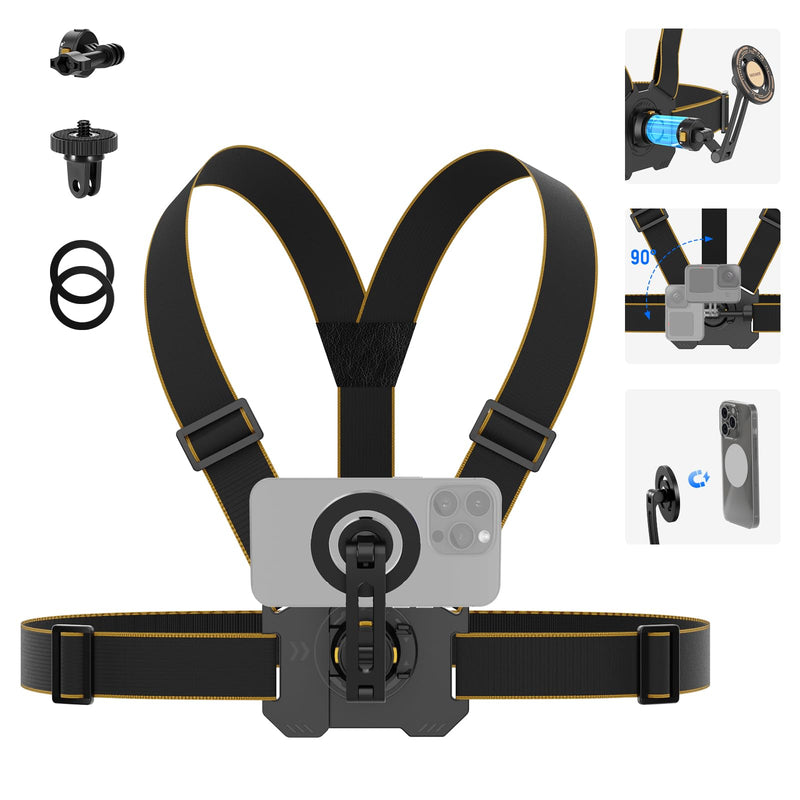 NEEWER Chest Mount Harness for Action Camera & Phone, Adjustable Hand Free Chest Strap Compatible with GoPro Hero DJI Osmo iPhone Android, Magnetic Phone Chest Mount for POV Video Vlog, GP18