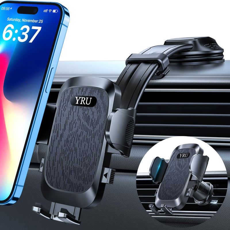 YRU [2026 Ultimate Car Phone Holder Mount [Bendable & Adjustable Aluminum Arm] Cell Phone Holder for Car Dashboard Windshield Phone Stand for iPhone 17 16 15 14 Pro Max Samsung Pickup Truck, Black