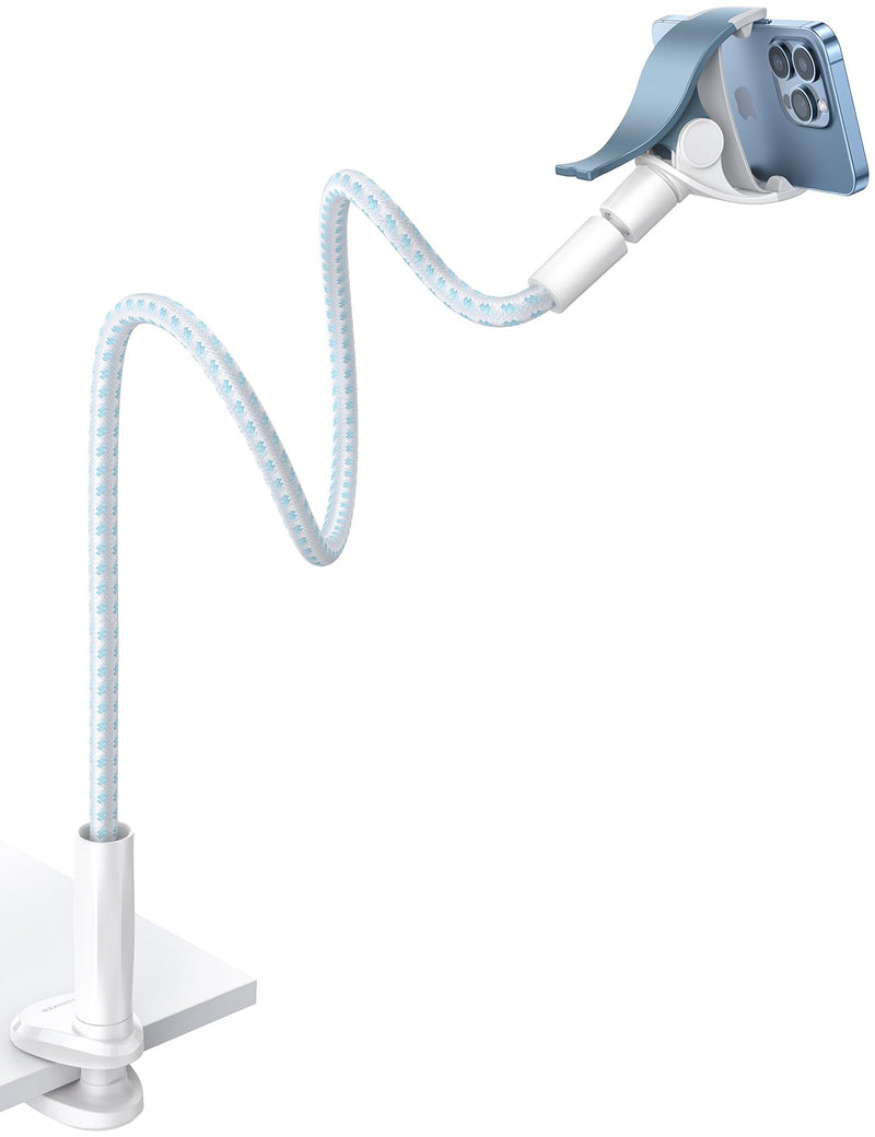 Gooseneck Phone Holder for Bed - [2023 Upgrade Nylon Braid] 38” Flexible Lazy Arm Clip, 360 Adjustable Overhead Phone Mount for iPhone 14 13 12 11 Pro Max Mini Plus, all 4-7" Cellphone - White