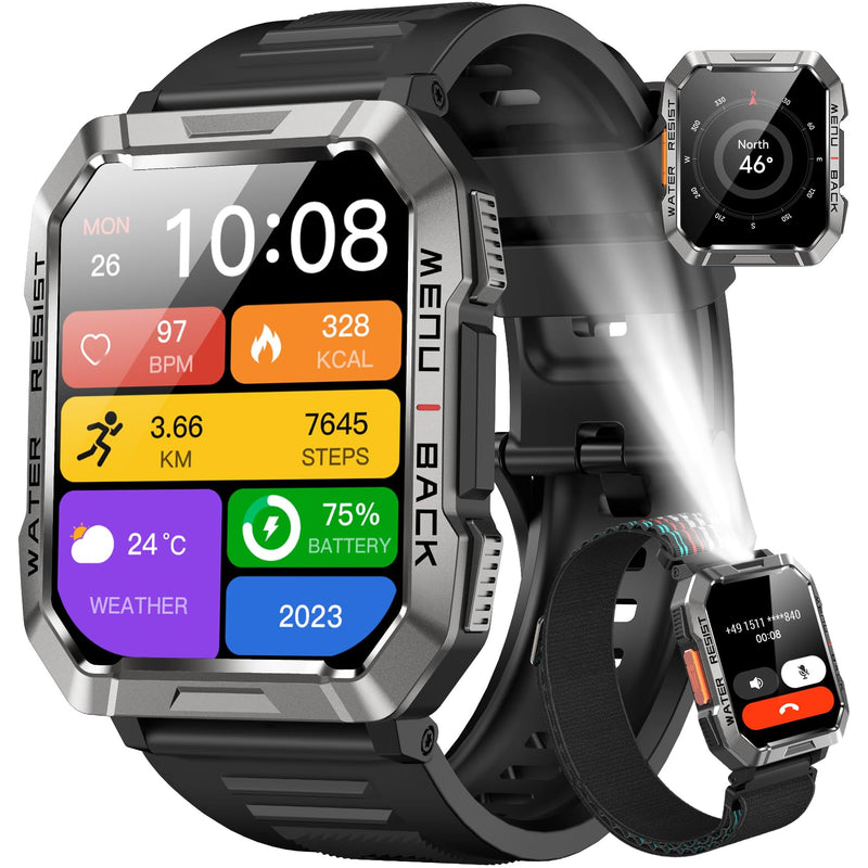 Military Smart Watch for Men(Answer/Make Call), Outdoor Sports Smartwatch with Flashlight/100 Days Battery/Compass/Heart Rate/SpO2/Sleep Monitor/2 Straps, Fitness Tracker for iPhone/Android Phones W60 Black