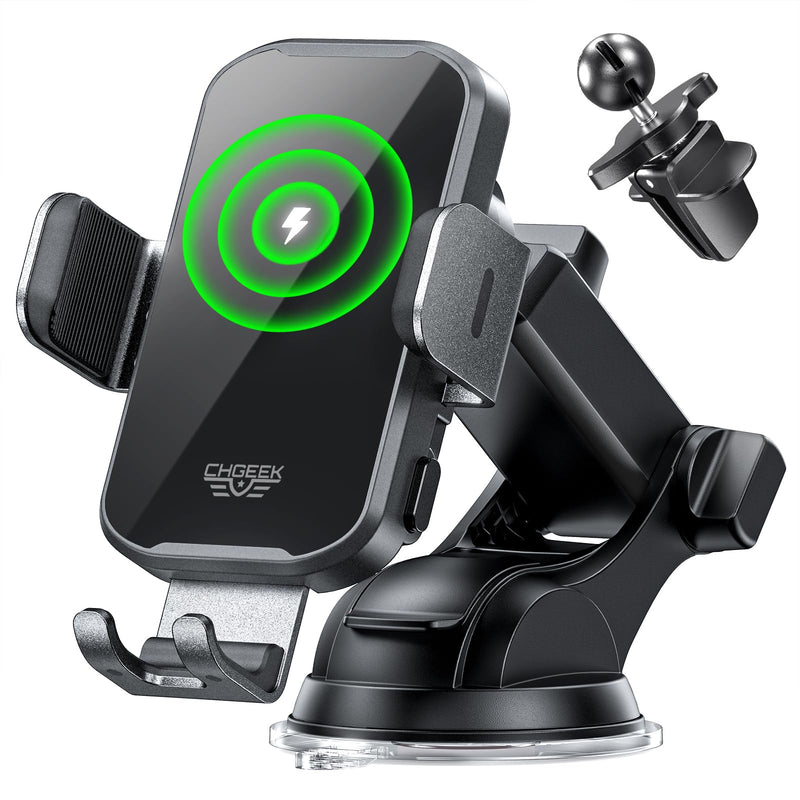 Wireless Car Charger Phone Holder Mount, 15W Fast Charging Auto Clamping Phone Holders for Your Car Dashboard Windshield Air Vent Car Accessories for iPhone, Samsung Galaxy, Google Pixel etc Black