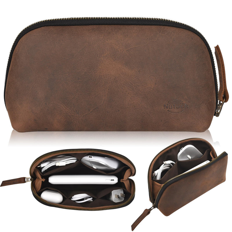 Leather Tech Pouch for Cables Chargers Phone | Tech Bag | Zipper Travel Accessory Pouch | Electronic Organizer Case Travel Bag | Cord Cable Pouch | Gadget Chargers Cable Organizers for Unisex