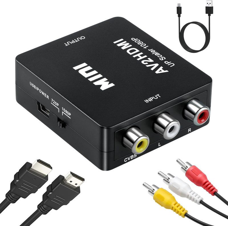 RCA to HDMI Converter, 1080P RCA Composite CVBS AV to HDMI Video Audio Adapter Compatible with N64 Wii PS2 Xbox VHS VCR Camera DVD (RCA Adapter + HDMI Cable + RCA Cable) 3 in 1