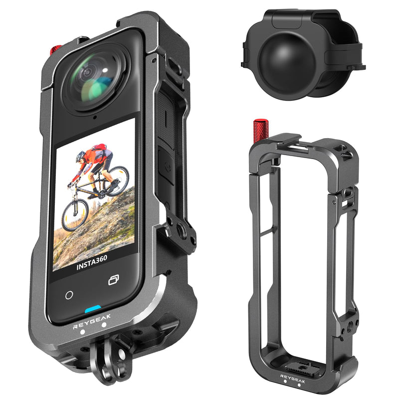 REYGEAK for insta-360 X4 Case, Aluminium Utility Frame for Insta360 X4,Protective Cage with Silicone Lens Cover,Cold Shoe Interface with 1/4" Threads Cold Shoe Mount Folding Fingers