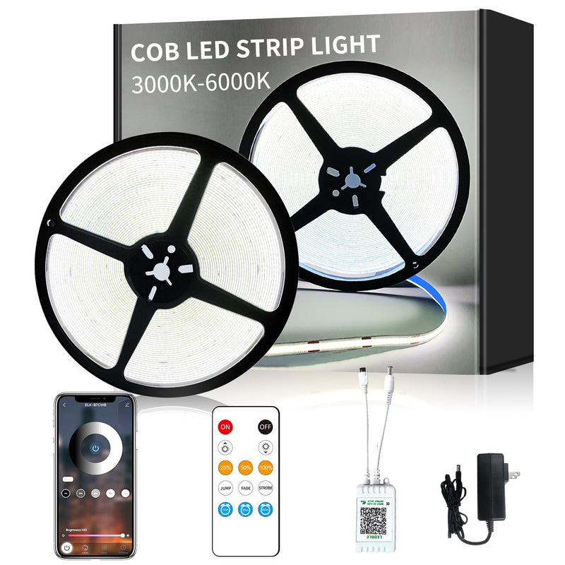 COB LED Strip Lights 50ft,6000K DC 24V Dimmable White Flexible LED Rope Lights for Bedroom,with Remote and app Control LED Lights strip for Living Room, Shelf, Cabinet