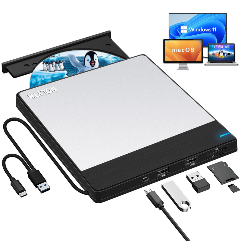 External CD Drive for Laptop: DVD Player for Mac Windows Plug & Play | External CD DVD Drive for Mac PC MacBook Windows 11, Slim USB Burner for Laptop with SD/TF/2 USB Ports, High-Speed Read Write Black Silver