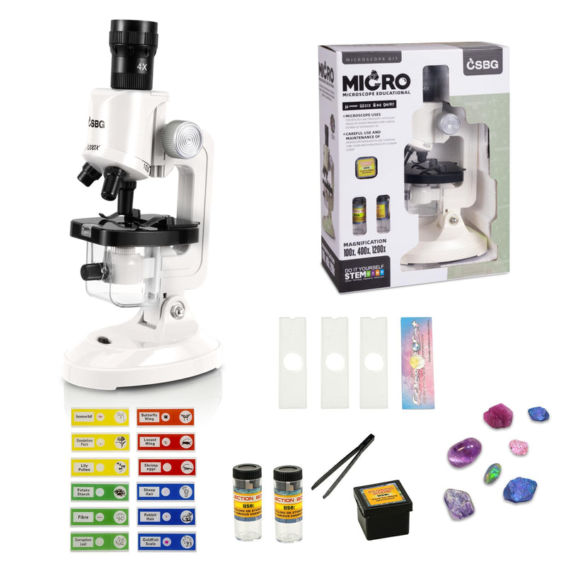 [AUSTRALIA] - Kids Microscope Kit with LED Light - 100X/400X/1200X Magnification for STEM Learning, 12 Prepared Slides, Easy-to-Use Science Learning Kit (Ages 5-12) - White 
