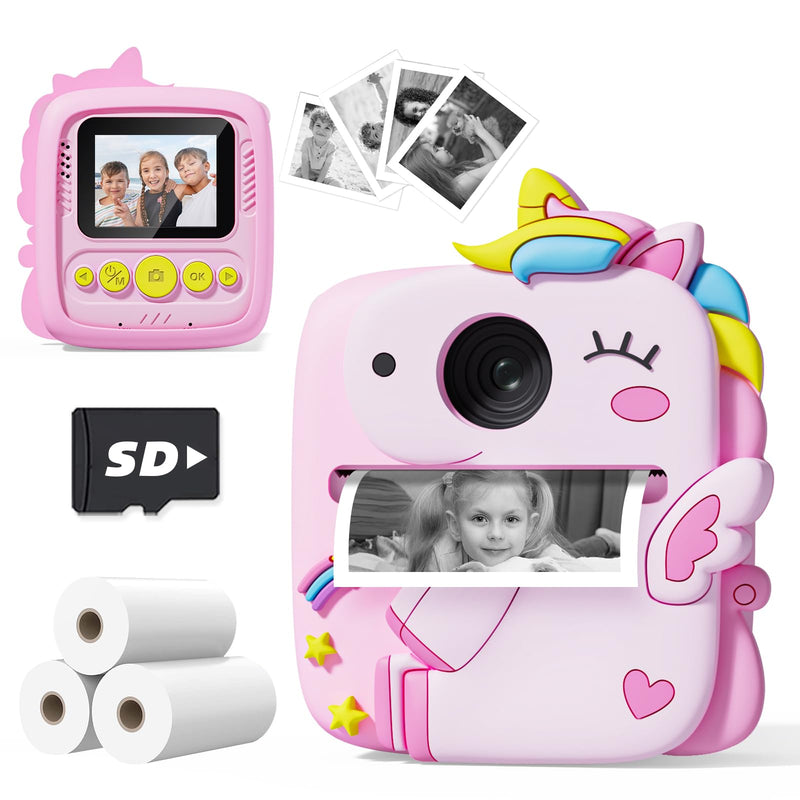 Instant Print Camera for Kids, Christmas Birthday Gifts for 3-8 Year Old Boys Girls, 1080P Kids Digital Camera Toys for Kids Age 3 4 5 6 7 8 with Silicone Cover-Pink Pink