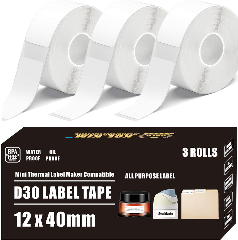 [AUSTRALIA] - D30 Label Tape, 540 Labels 12x40mm White Thermal Label Paper for Phomemo D30 Labels Tape Printer Maker Tape Refill Replacement for Print Master D30 Labels Refill 12mm x 40mm (0.47 x 1.57 Inch) White 12 X 40 Mm White 3 Rolls 