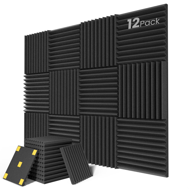 12 Pack Acoustic Panels, 1" X 12" X 12" Quick-Recovery Sound Proof Foam Panels, Acoustic Foam Wedges High Density, Soundproof Wall Panels for Home Studio,Carbon Black-08