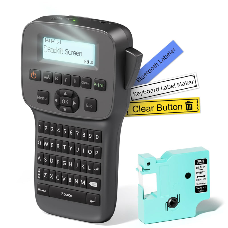 [AUSTRALIA] - Label Maker Machine with Tapes Waterproof, Rechargeable Label Maker Portable, Keyboard Label Maker with Backlit Screen, Bluetooth Labeler for School Office Industrial Use, LM1600 Black 
