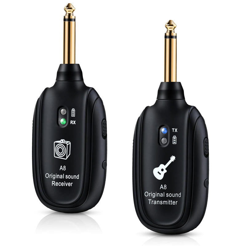 A8 Wireless Guitar Transmitter Receiver System, 2.4GHz Rechargeable, 24-bit/48KHz Audio, Low Latency <4ms for Electric Guitar & Bass, Wireless Audio Transmitter & Receiver (A8(1TX+1RX)) A8(1TX+1RX)