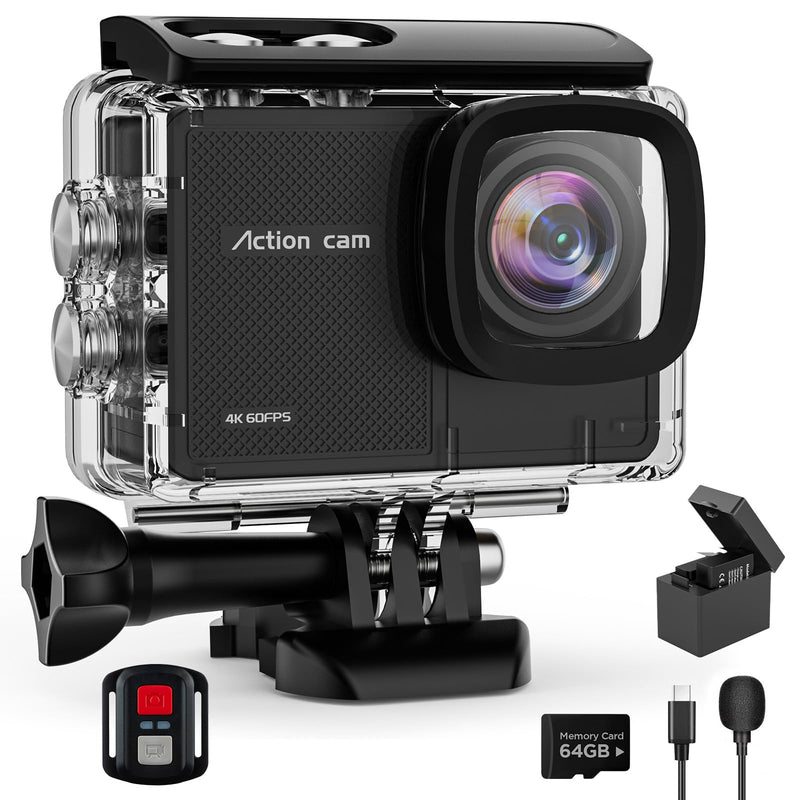 4K Action Camara Waterproof with 64G Crad- 60FPS 48MP HD WIFI Camera with EIS 40M Underwater Camera 170°Wide Angle Sports Camera with 2.4G Remote Control 2 Batteries Helmet Mount Accessories Kits