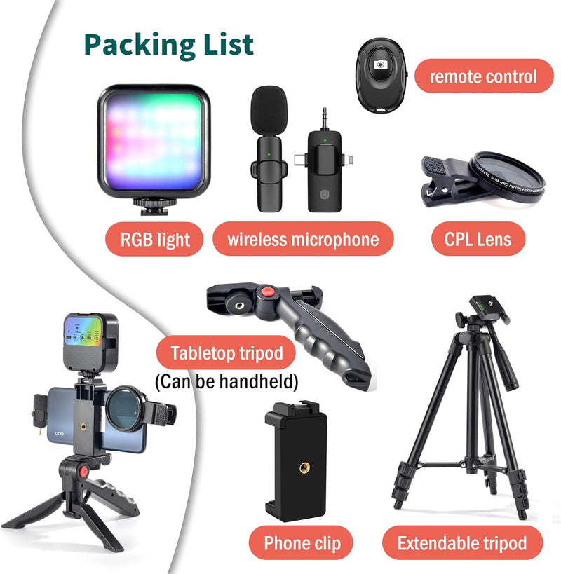 [AUSTRALIA] - YouTube Starter Kit,Vlogging Kit for iPhone Android Phone,Content Creator Kit for Blogger Vlogging Camera Kit with MicrophoneLED lightCPL lensRemote Control 